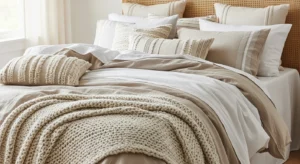 Layered neutral bedding creating a cozy boho bedroom look