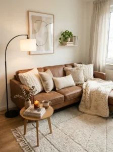 Brown couch with cream and beige textures creating a cozy neutral living room
