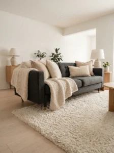 Grey couch with layered neutral textures including cream throw and soft pillows