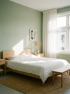 soft sage green bedroom with white bedding and natural light for a calm airy feel