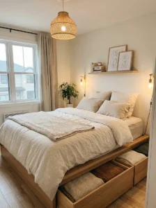 Small bedroom with storage bed and built-in drawers for space saving