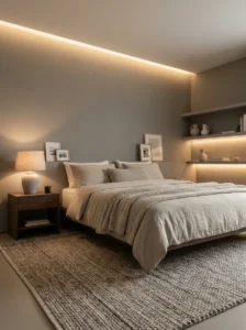 Neutral color palette men’s bedroom with layered gray and beige tones for a clean modern look
