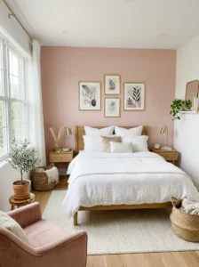 Blush pink accent wall bedroom with white bedding and gold decor accents