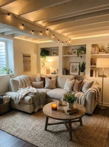 “Cozy basement living room with warm lighting and soft neutral decor”