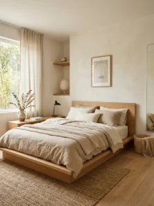Low platform bed in Japandi bedroom with neutral bedding and minimal decor
