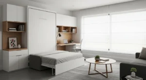 Murphy bed with desk creating a space-saving guest room office combo