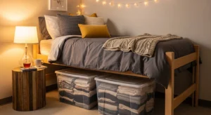 Dorm bed with storage underneath maximizing space in a small room