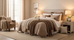 Brown and beige bedroom creating a warm and calming space