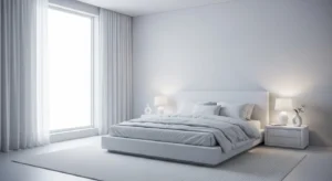 All-white minimalist bedroom creating a clean and calm space