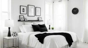 White bedroom with black accents creating a clean and elegant look