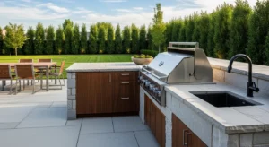 Built-in grill station in a stylish outdoor kitchen
