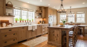 Wooden cabinets adding warmth to a farmhouse kitchen