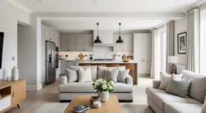 Open kitchen flowing into living room creating a spacious layout