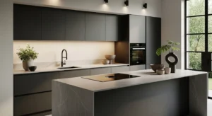 Matte black cabinets creating a modern bold kitchen look
