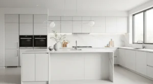 All-white minimalist kitchen creating a clean and fresh look