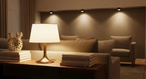 Behind sofa table with lamp and stacked books decor