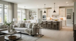 Consistent color palette connecting living room and kitchen