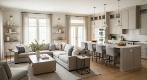 Unified color palette connecting kitchen and living room