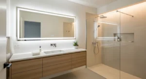 Neutral color palette creating a clean guest bathroom