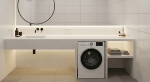 Under-counter washing machine creating a seamless bathroom design