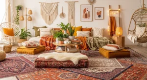 Boho living room with layered textiles and rugs
