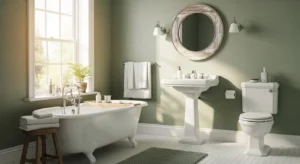 Sage green walls creating a calm and fresh bathroom
