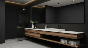 Matte black walls creating a bold luxury bathroom look