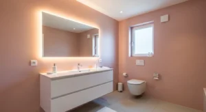 Blush pink walls creating a soft bathroom atmosphere