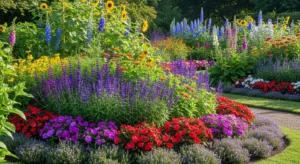 Layered flower beds creating a lush cottage garden