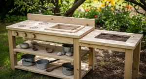 Simple wooden mud kitchen for outdoor play