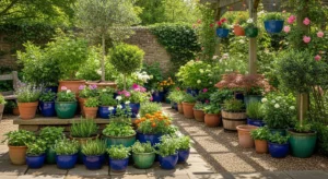 Different pot sizes creating depth in garden