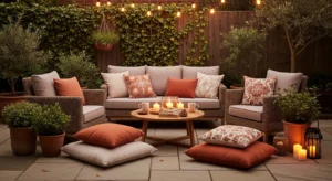 Cozy outdoor seating area in backyard