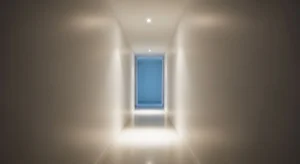 Light colored walls in narrow hallway