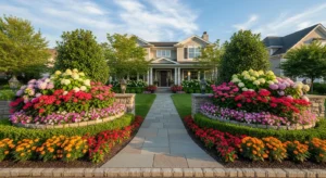 Symmetrical flower beds creating balanced front yard
