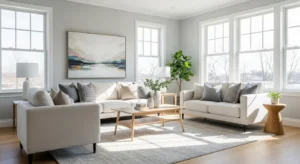 Light grey walls creating airy living room