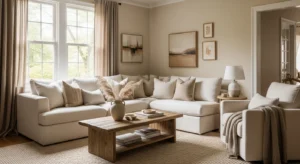 Beige walls creating calm living room