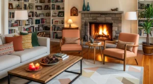 Seating centered around fireplace for cozy layout