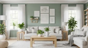Sage green walls creating calm living room