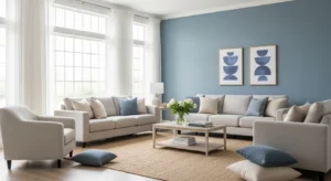 Soft blue accent wall in living room