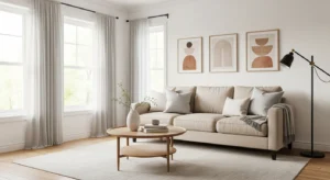 Beige sofa with white walls creating airy space
