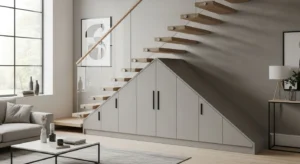 Under stairs built-in cabinets for smart hidden storage in living room
