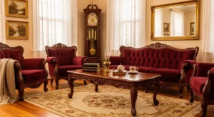 Vintage living room with antique wooden furniture adding timeless charm