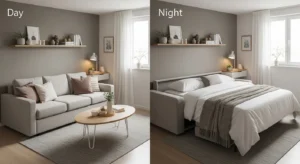 Sofa bed in small living room bedroom combo for flexible space use