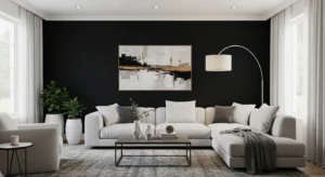 Black accent wall creating bold focal point in living room
