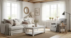 Neutral farmhouse living room with soft tones and cozy feel