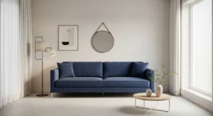 Blue sofa paired with neutral walls for a balanced living room