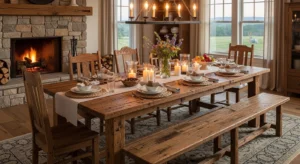 Rustic wooden dining table as centerpiece in farmhouse dining room