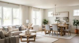 Consistent color palette creating flow in living dining room combo