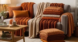 Warm-toned throw blankets adding cozy fall vibes to living room