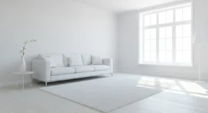 All-white minimalist living room with bright sunlight and simple décor.